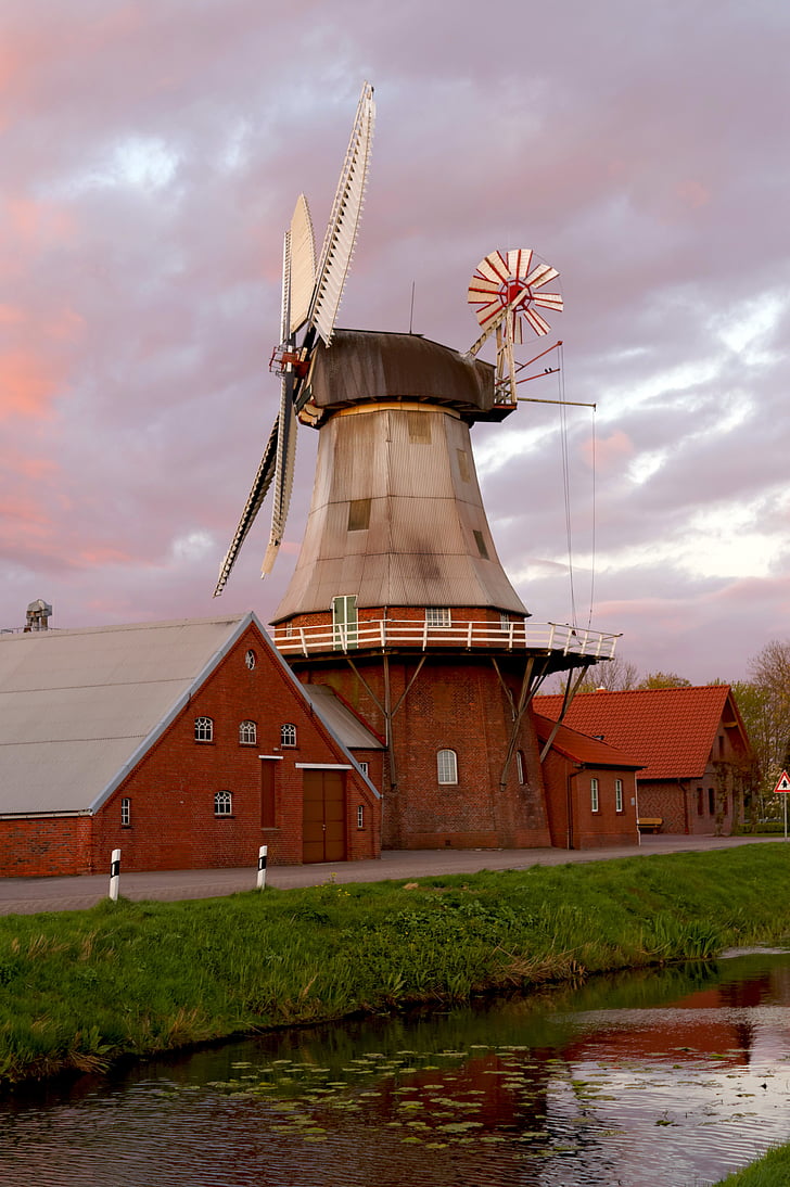 windmill, mill, wing, water, sky, clouds, northern germany