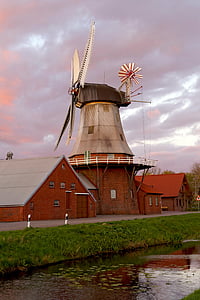 Veterný mlyn, mlyn, krídlo, vody, Sky, oblaky, Severné Nemecko