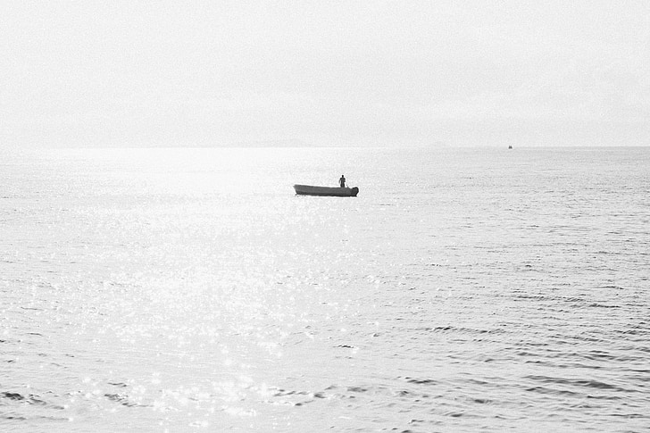 boat, ocean, sea, water, horizon, outdoors, black and white