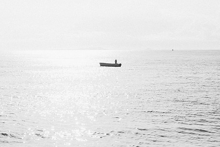 лодка, океан, мне?, воды, Горизонт, на открытом воздухе, черный и белый