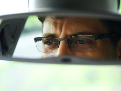 oog, spiegel, dude, auto, één persoon, mensen, rijden