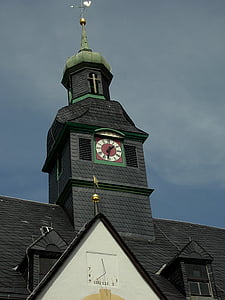 clock tower, steeple, helbig village, ore mountains, clock, clock-dial, pointer