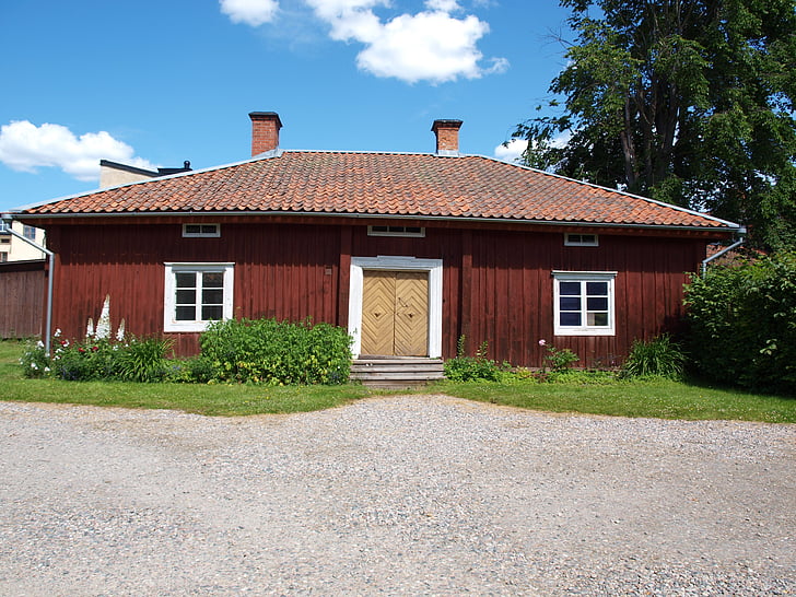 cottage merah, musim panas, rumah, langit biru, Swedia, arsitektur