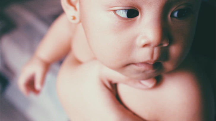seletiva, foco, foto, em topless, bebê, cara, rosto de bebê