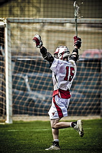 action, athlete, game, grass, lacrosse, man, match