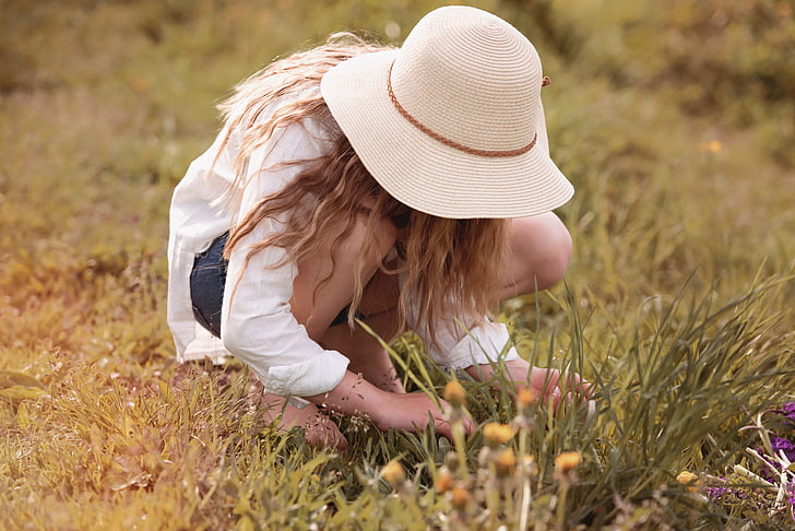 person, human, female, girl, hat, meadow, nature