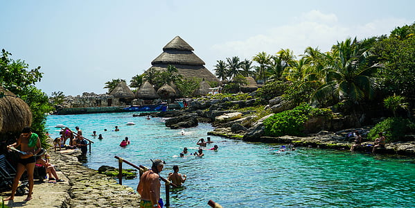 xcaret, cancun, mexico, lagoon, hut, people, person