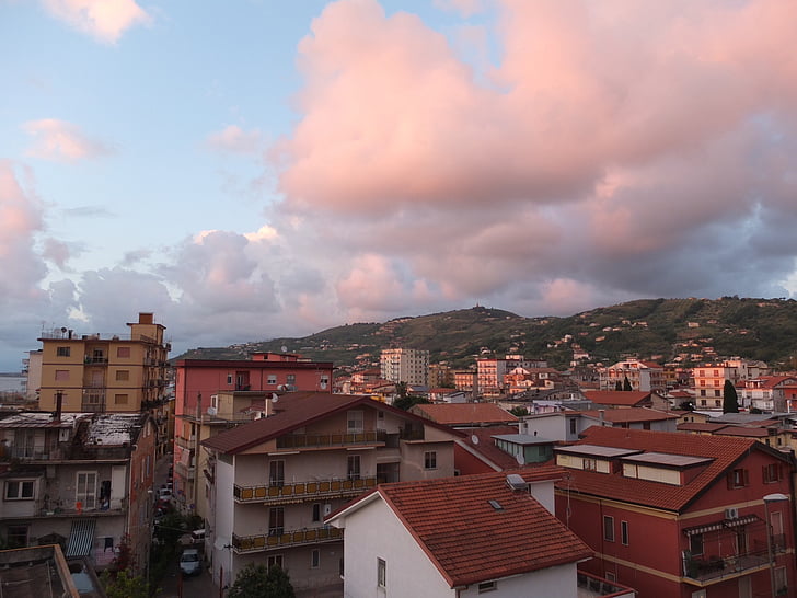 solnedgång, abendstimmung, solen, havet, moln, Italien