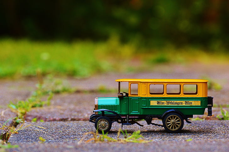 avtobus, ena, avto, model, oldtimer, zelena, rumena