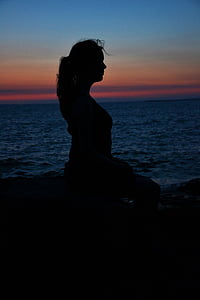 girl, sunset, silhouette, profile, woman, meditation, shadow