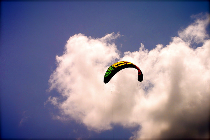 kite surf, kite-board, aquilone, spiaggia, cervo volante di volo, estate, cielo di estate