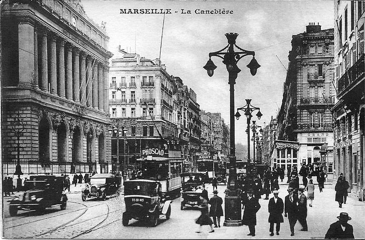 marseille, the canebière, france, old postcard, tram, bus, passers