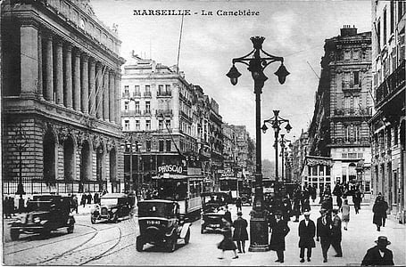 Marseille, na canebière, Francija, stare razglednice, tramvaj, avtobus, mimoidoče