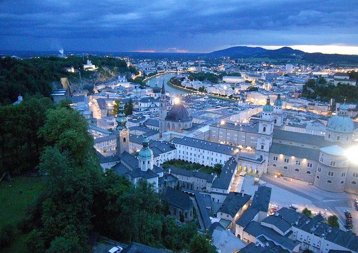 Salzburg, noapte, Cetatea Hohensalzburg, Cetatea, Vezi, abendstimmung, viziune