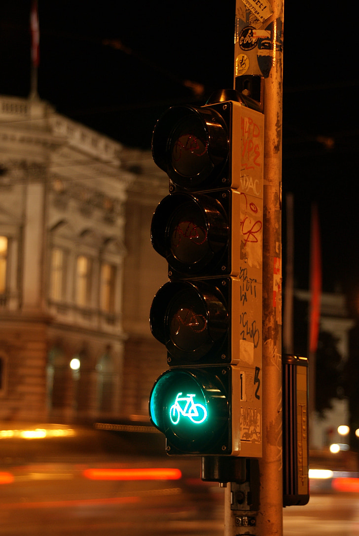 city, night, traffic lights, traffic, light, cycle, urban