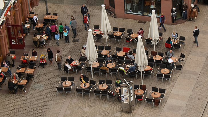 perspective, top, gastronomy, human, chairs, dining tables, city