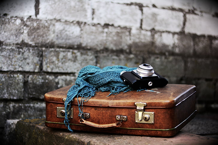 luggage, old suitcase, nostalgia, leather suitcase, nostalgic, camera, go away