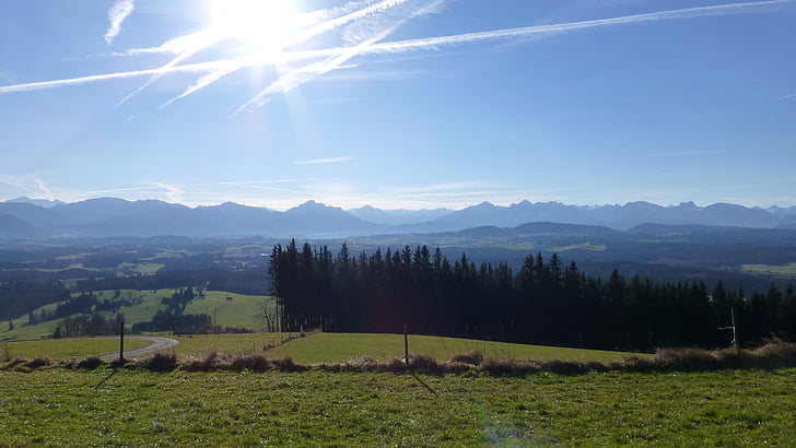 Allgäu, panoramy, góry, Säuling, Jezioro forggensee, niebo, niebieski