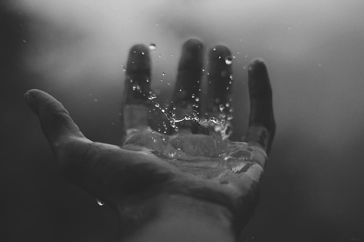 black-and-white, fingers, hand, rain, splash, water, people