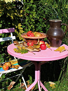 яблоко, Сад, садовый стол, Осень, Осенние украшения, листья, урожай