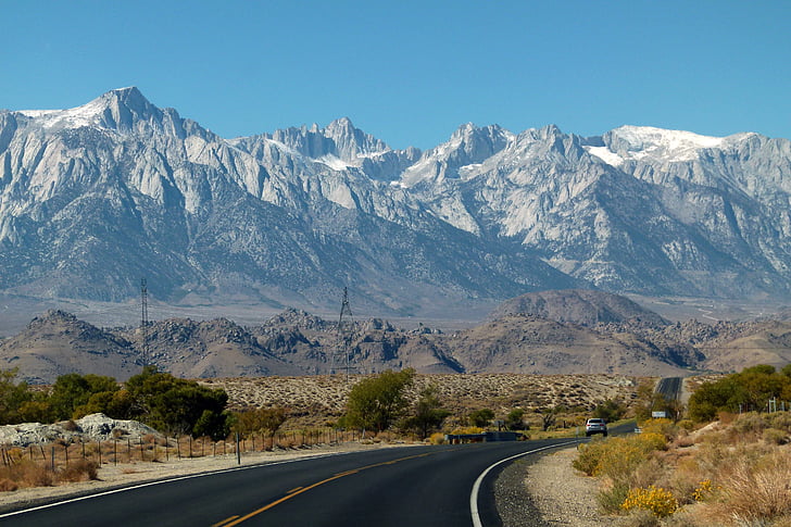 şapkalı kar, dağlar, Sierra nevada, Kaliforniya, manzara, doğa, asfalt yol