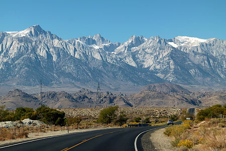 lumega kaetud, mäed, Sierra nevada, California, maastik, loodus, asfaltkattega teelt