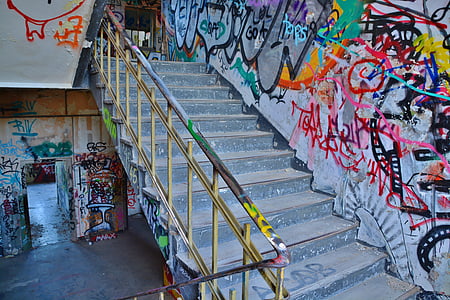 lost places, factory, stairs, pforphoto, staircase, graffiti, old