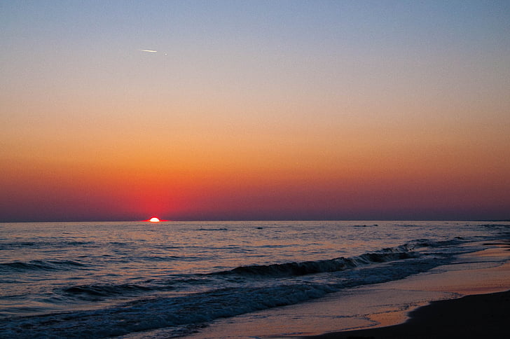 zachód słońca, morze, Plaża, wody, Słońce, horyzont, atmosfera