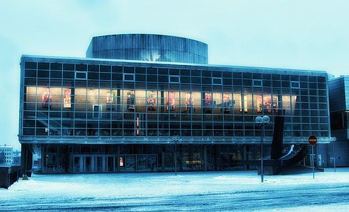 Knihovna, Zimní, sníh, LED, Oulu, Finsko, malebný