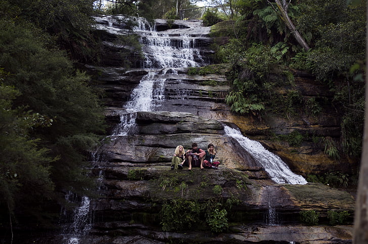 nature, waterfall, stream, creek, rocks, persons, sittng
