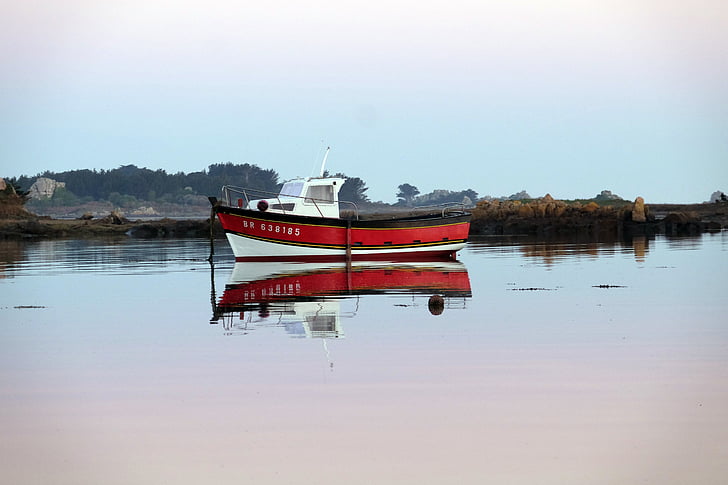 brittany, boat, sea, reflection on the water, morning, reflection, water