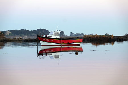 Bretagne, båt, sjøen, refleksjon på vannet, morgen, refleksjon, vann