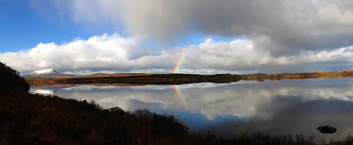 rolige vande, skyer, Irland, søen, Mountain, regnbue, refleksion