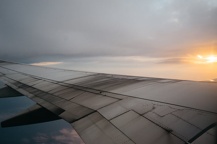 avión, ventana, Fotografía, mostrando, alas, Blanco, nublado