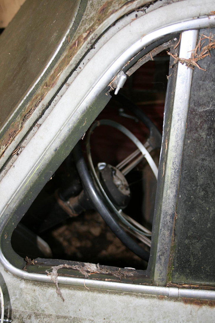 auto, old, rust, car cemetery, oldtimer, side window, steering wheel