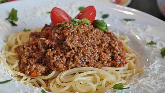 spageti, Bolognese, Parmesan, ēst, pārtika, garšīgi, nūdeles