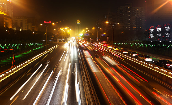 prometa, Peking, noč, hitrost, ulica, prevoz, zamegljen gibanja