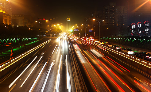 Verkehr, Beijing, Nacht, Geschwindigkeit, Straße, Transport, Bewegungsunschärfe