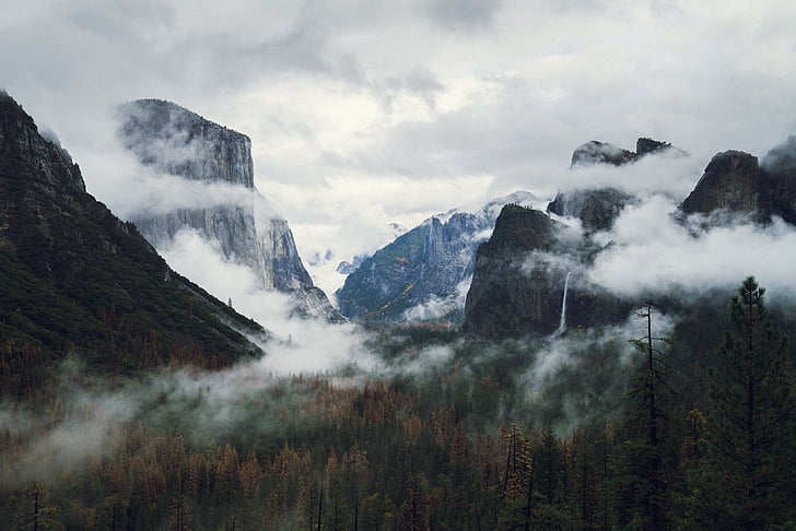 γκρι, βραχώδη, βουνό, καπνίζει, ορεινών περιοχών, κοιλάδα, ομίχλες