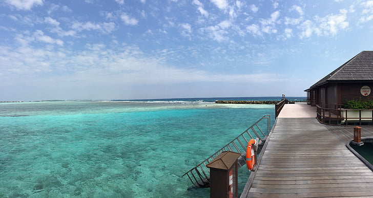 Maldīvija, jūras, paradīzes sala, ūdens, jūra, debesis, virs ūdens horizonts