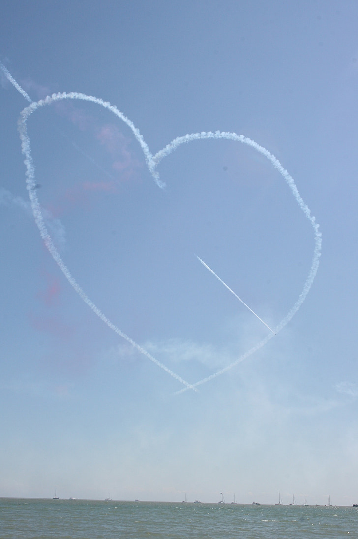aircraft, heart, figure, air show, sea, england, red arrows