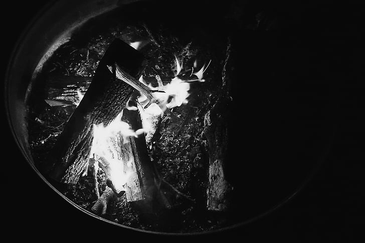 grayscale, photo, cascading, waterfalls, fire pit, flames, wood