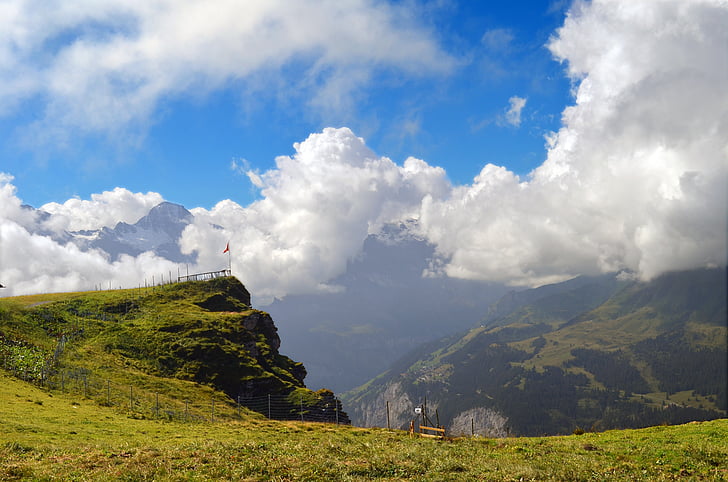 switzerland, alpine, landscape, mountains, clouds, sky, meadow
