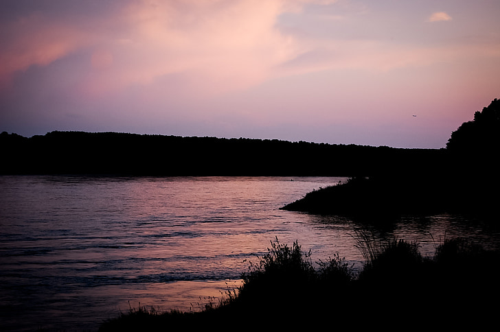 lake, sunset, evening, water