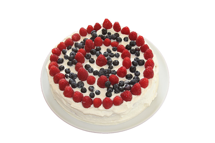 cake, cream, raspberries, blueberries, birthday