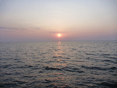 Ocean, solnedgång, havet, lugn, skymning, vågor