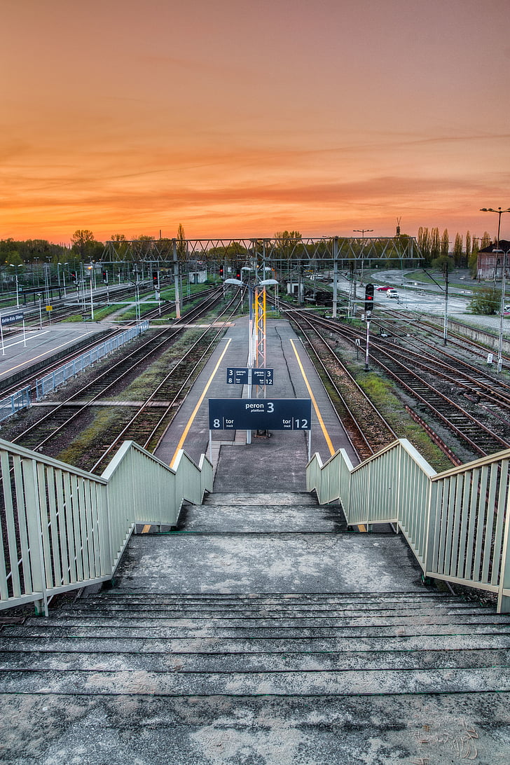 railway, track, outdoor, travel, station, sunset, sky