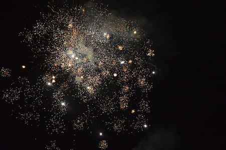 dia de ano novo, fogos de artifício, explosão, Branco, luzes, pontos, laranja