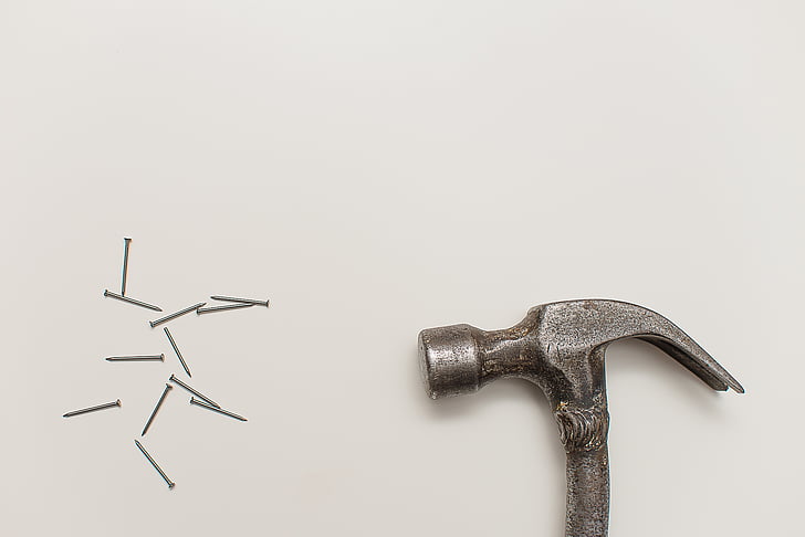 grey, hammer, nails, tools, objects, construction, studio shot