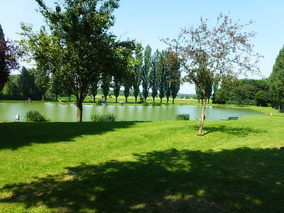 france, park, lake, trees, summer, sky, clouds